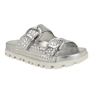 Nine West Women's Tindy Woven Buckle Straps Flat Sandals Silver Size 10